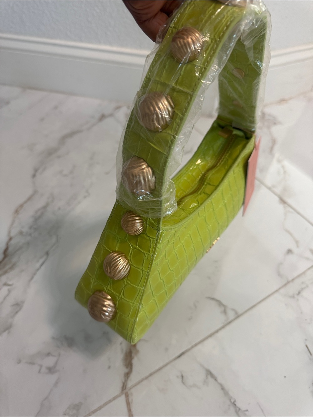 cult gaia lime croc-embossed mini shoulder bag with beaded handle - Picture 6 of 12